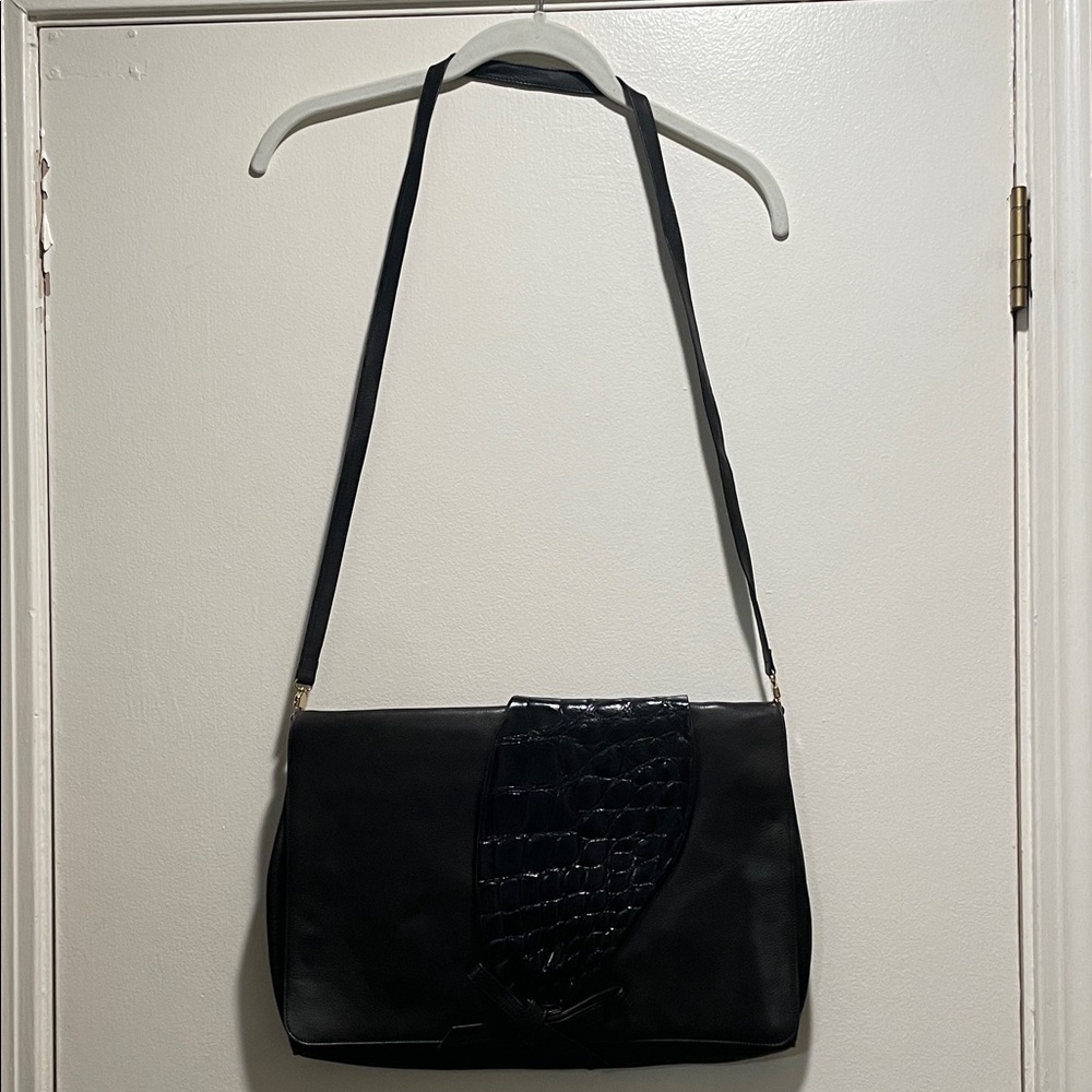 Zagliani Black Croc-Pattern Messenger Shoulder Flap Over Luxury Bag
